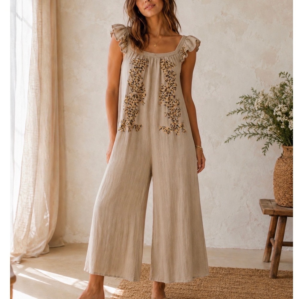 Free People Embroidered Wide Leg Jumpsuit Taupe Beige Boho Smocked Small